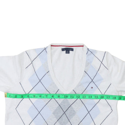 Tommy Hilfiger Men's White Argyle V-Neck Cotton Jumper Size L