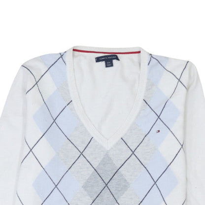 Tommy Hilfiger Men's White Argyle V-Neck Cotton Jumper Size L