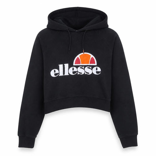 Front view of Ellesse women’s black cropped hoodie, size M, logo print pullover