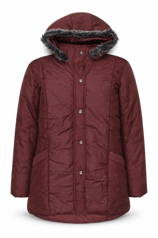 Front view of Anne de Lançay Women's Red Hooded Puffer Jacket M Faux Fur Trim
