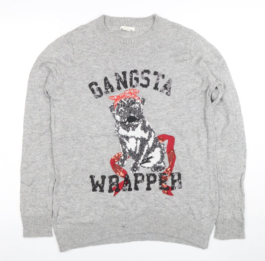 H&M Women’s Grey Sequin Dog Jumper Small Funny Christmas Sweater