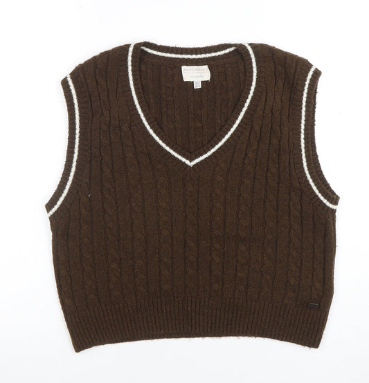 Pull&Bear Teen Brown Cable-Knit V-Neck Sleeveless Vest M