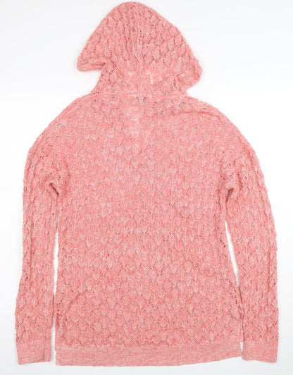 FatFace Women’s Pink Open-Knit Hooded Pullover Jumper Size 12
