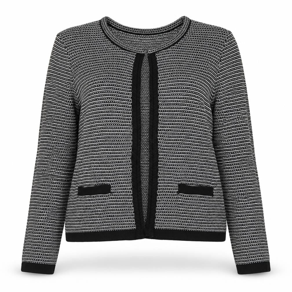Front view of Anne Weyburn Women Black Striped Knit Cardigan, size 12, Classic Round Neck