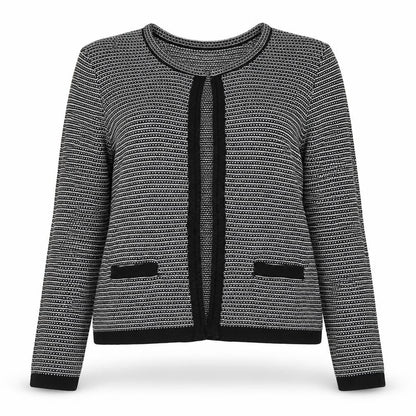 Front view of Anne Weyburn Women Black Striped Knit Cardigan, size 12, Classic Round Neck