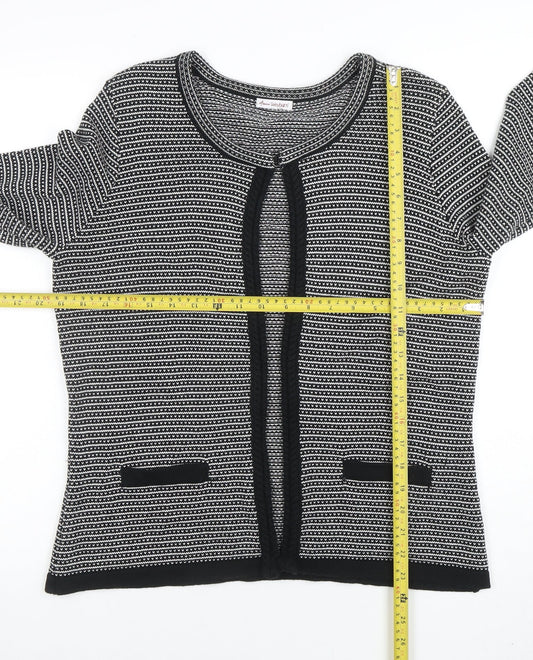 Anne Weyburn Women Black Striped Knit Cardigan Size 12 Classic Round Neck
