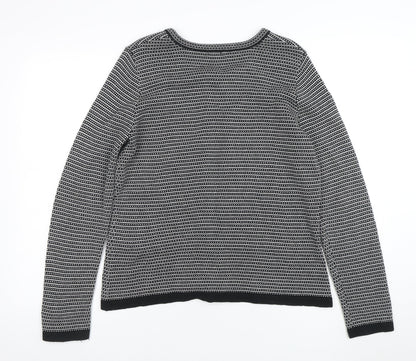 Anne Weyburn Women Black Striped Knit Cardigan Size 12 Classic Round Neck