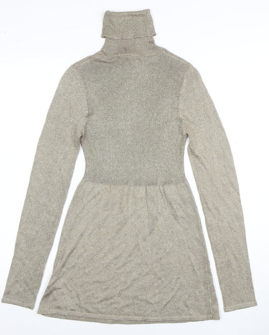 ZARA Women's Gold Knit Roll Neck Fit & Flare Dress Size 12