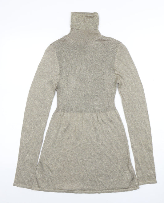 ZARA Women's Gold Knit Roll Neck Fit & Flare Dress Size 12