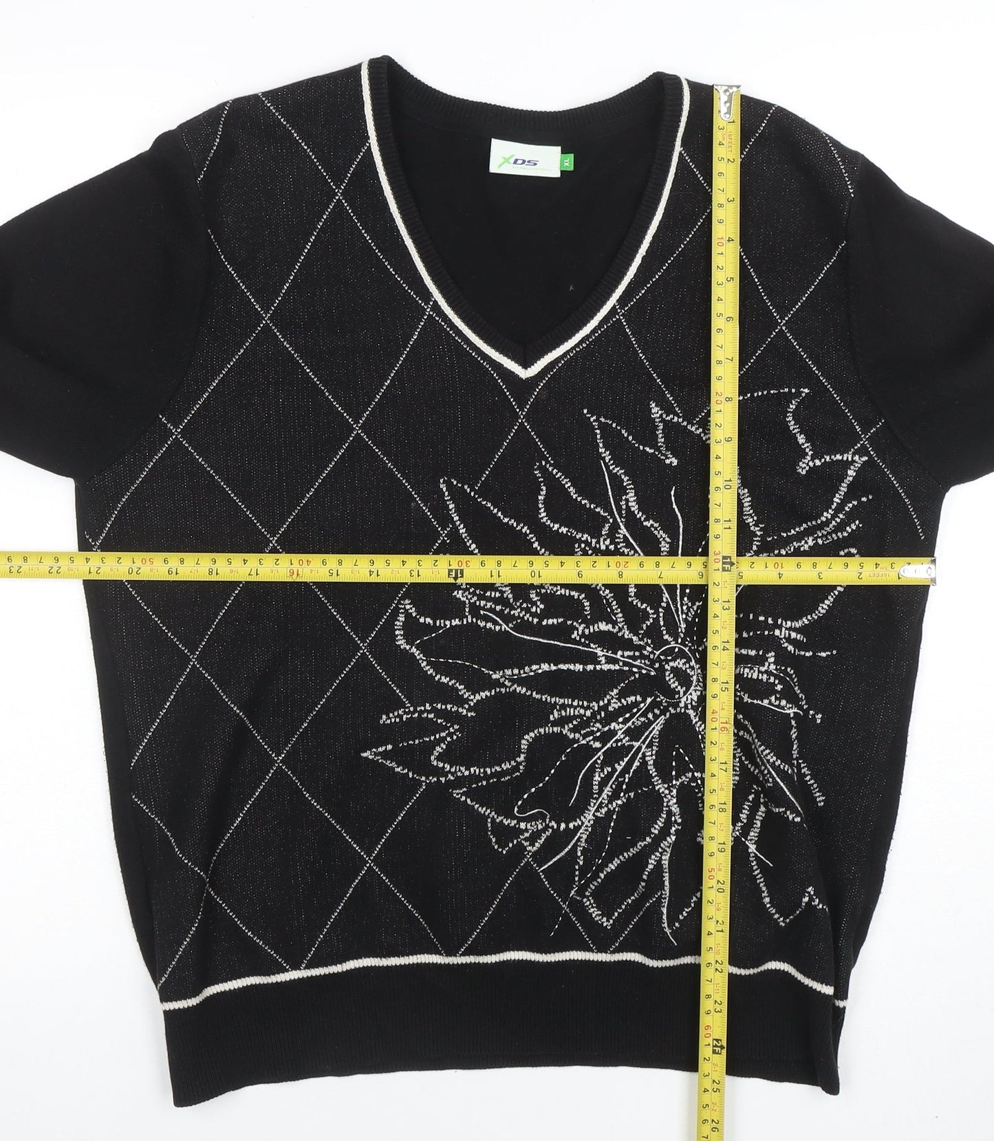XDS Women's Black XL V-Neck Cotton Knit Argyle Floral Jumper