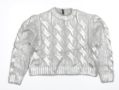 H&M Divided Women Silver Cable-Knit Metallic Pullover Jumper Size M