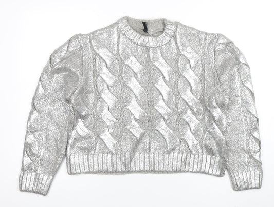 H&M Divided Women Silver Cable-Knit Metallic Pullover Jumper Size M