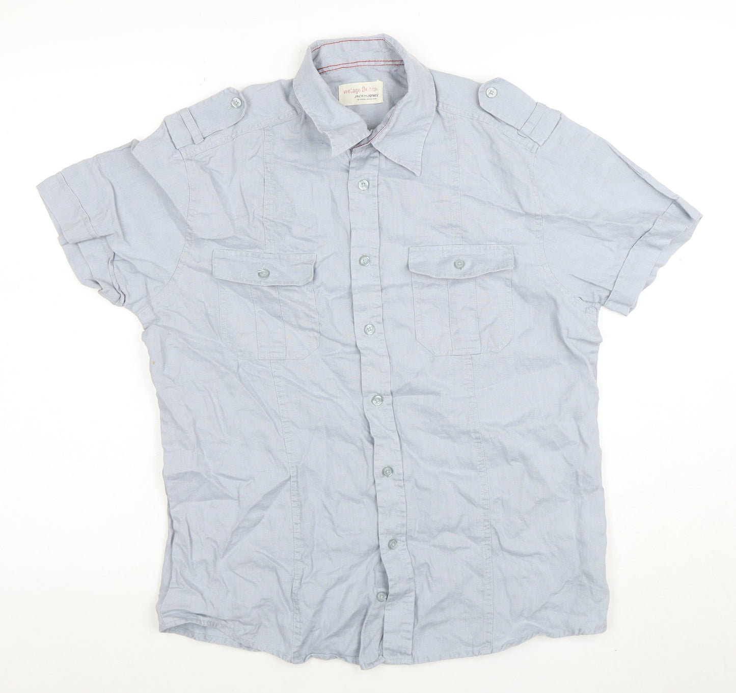 Jack & Jones Men's Blue Linen Short Sleeve Button-Up Shirt Size M