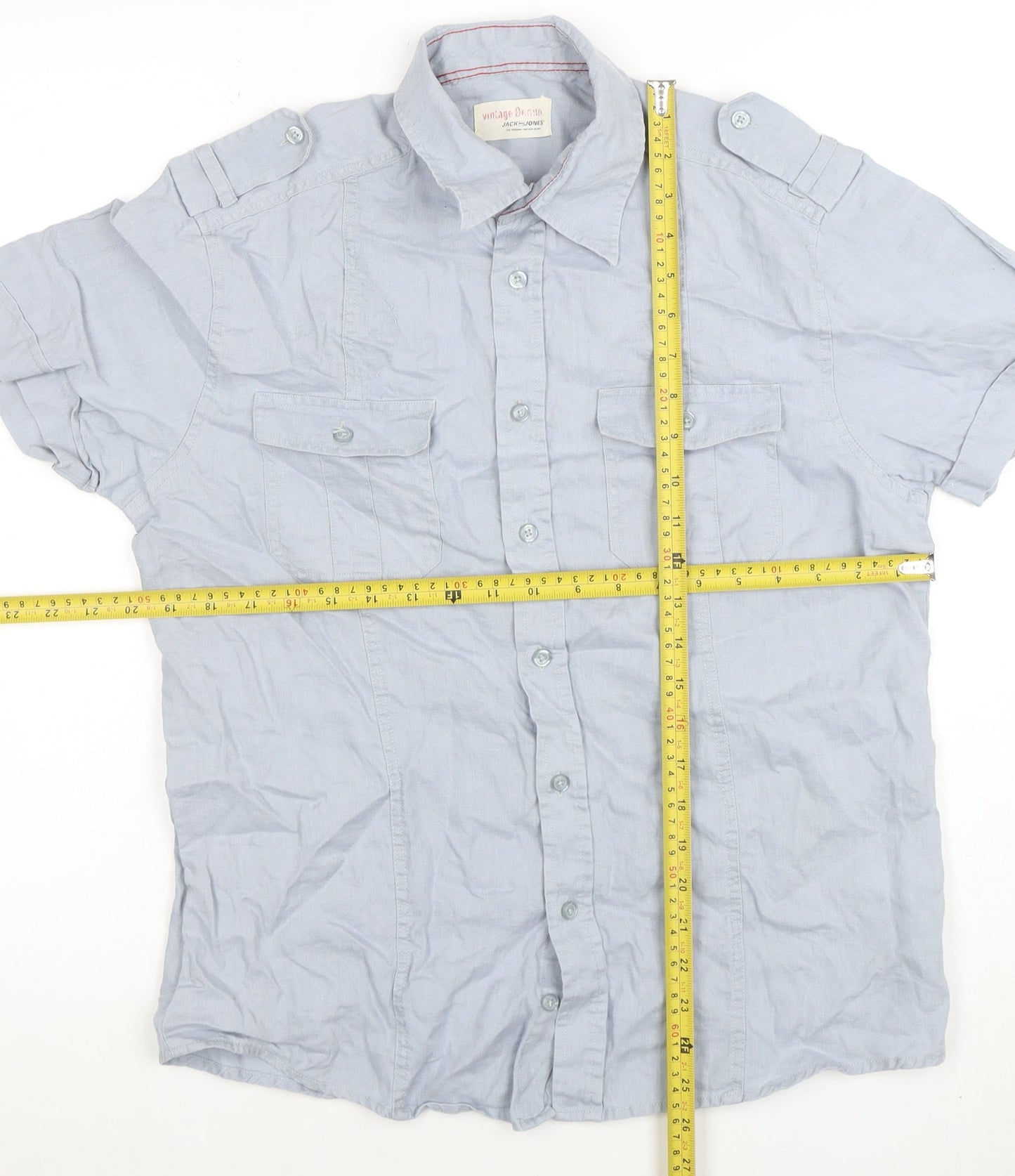 Jack & Jones Men's Blue Linen Short Sleeve Button-Up Shirt Size M