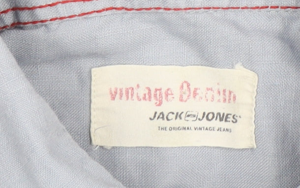 Jack & Jones Men's Blue Linen Short Sleeve Button-Up Shirt Size M