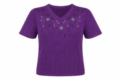Damart Women’s Purple Embroidered Knit Short Sleeve Blouse Size S