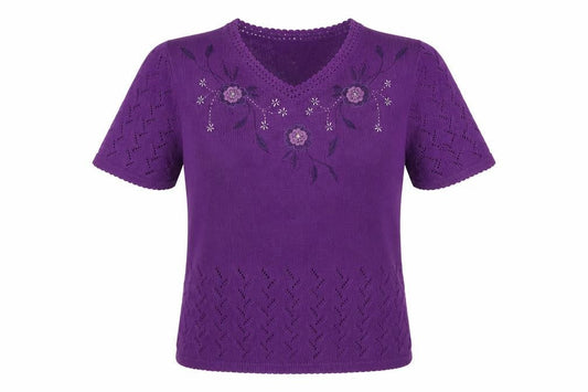 Damart Women’s Purple Embroidered Knit Short Sleeve Blouse Size S