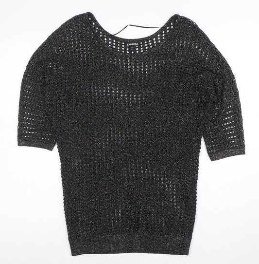 Express Womens Black Metallic Knit Boat Neck 3/4 Sleeve Blouse M