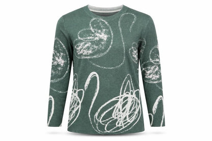 Parfois Women’s Green Swan Print Long Sleeve Cotton Blend Top XS