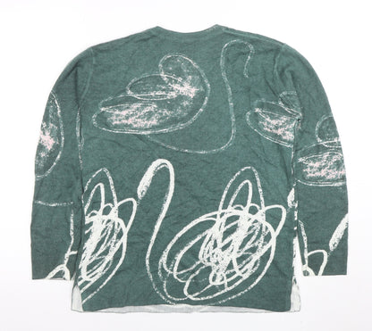 Parfois Women’s Green Swan Print Long Sleeve Cotton Blend Top XS