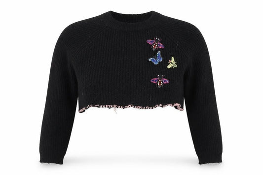 Brave Soul Women's Black Beaded Butterfly Chunky Knit Jumper Size 14
