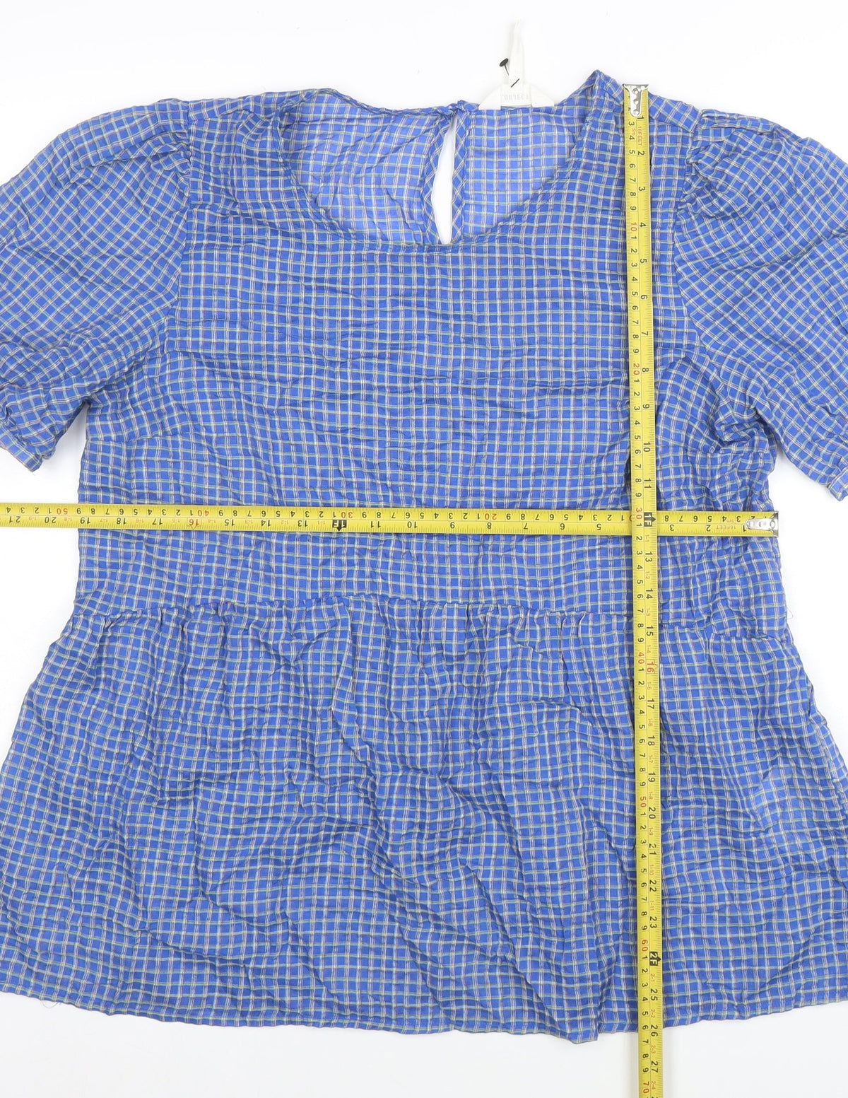 Object Women's Blue Check Puff Sleeve Tunic Blouse Size M