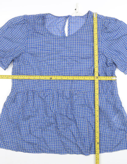 Object Women's Blue Check Puff Sleeve Tunic Blouse Size M
