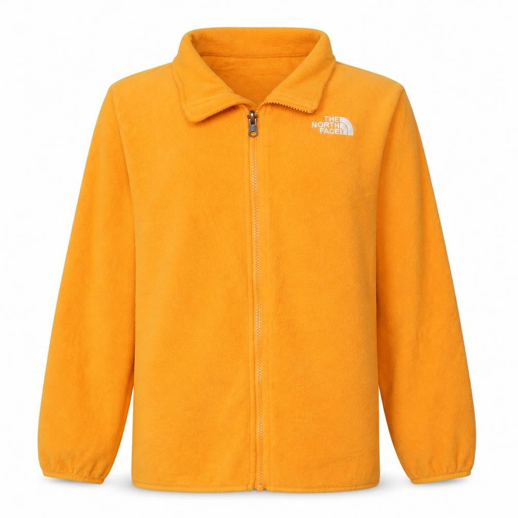 Front view of The North Face boys’ orange fleece full zip jacket, size 10-11, years