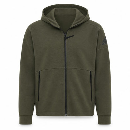 Front view of Adidas Men's Green Full Zip Hoodie, size S, Lightweight Sportswear