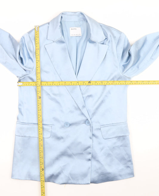 Bershka Women's Blue Satin Blazer Size 10 Mid-Length Smart Jacket