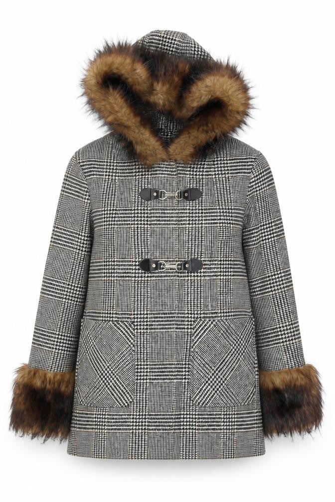Miss Selfridge Women's Grey Check Fur Trim Hooded Duffle Coat Size 10