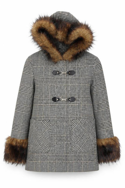 Miss Selfridge Women's Grey Check Fur Trim Hooded Duffle Coat Size 10