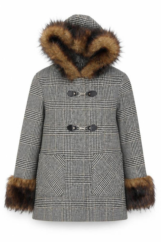 Miss Selfridge Women's Grey Check Fur Trim Hooded Duffle Coat Size 10