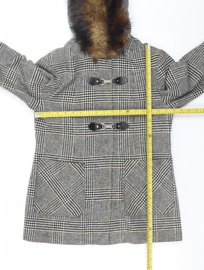 Miss Selfridge Women's Grey Check Fur Trim Hooded Duffle Coat Size 10