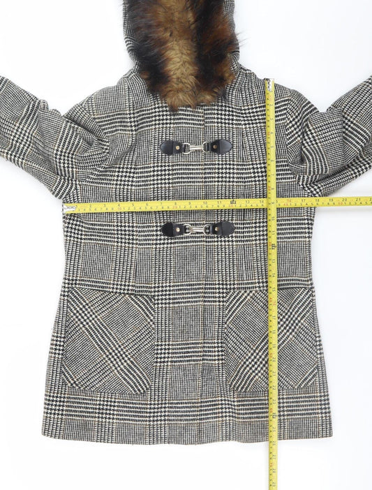 Miss Selfridge Women's Grey Check Fur Trim Hooded Duffle Coat Size 10