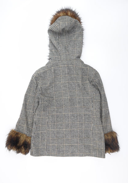 Miss Selfridge Women's Grey Check Fur Trim Hooded Duffle Coat Size 10