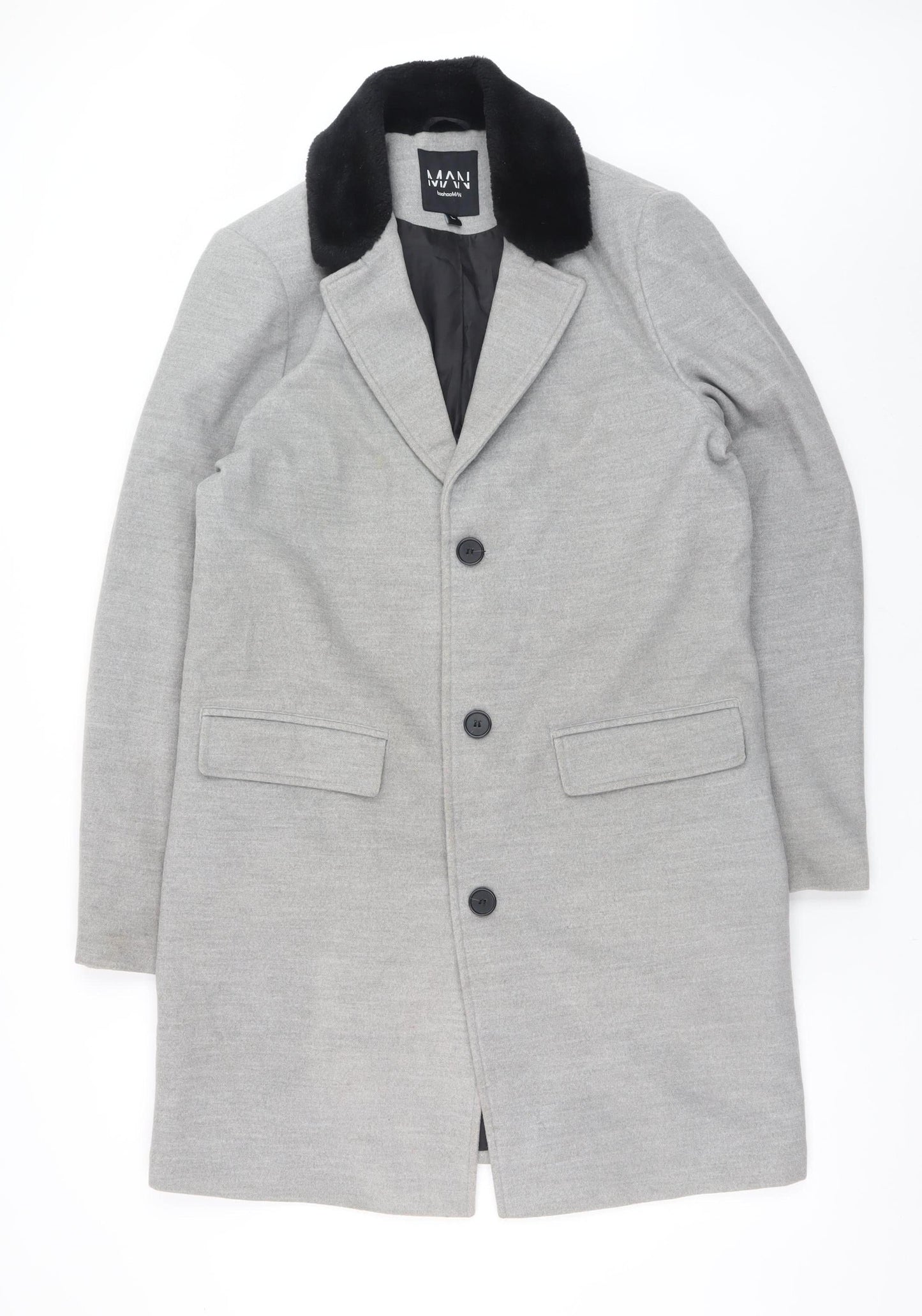 boohooMAN Men's Grey Faux Fur Collar Overcoat L Regular Fit Polyester Blend