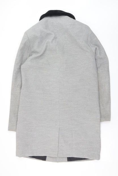 boohooMAN Men's Grey Faux Fur Collar Overcoat L Regular Fit Polyester Blend