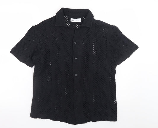 ZARA Men’s Black Crochet Short Sleeve Collared Button Cardigan S