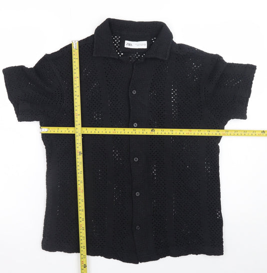 ZARA Men’s Black Crochet Short Sleeve Collared Button Cardigan S