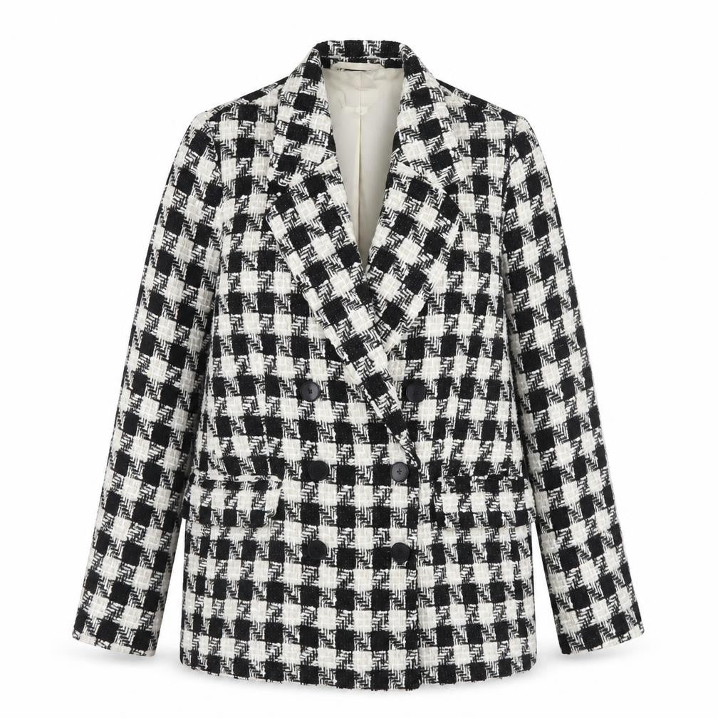 H&M Women's Black White Check Tweed Blazer Size 10