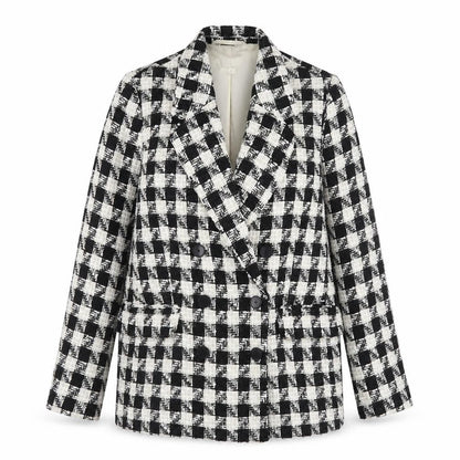 H&M Women's Black White Check Tweed Blazer Size 10