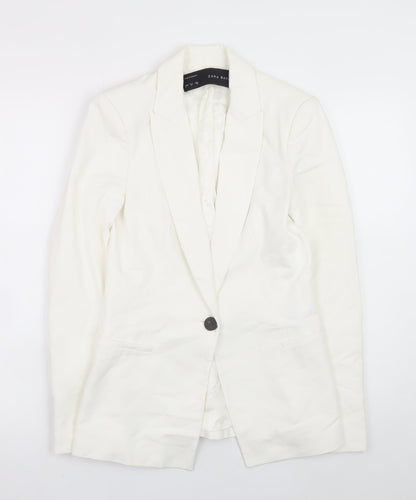 Zara Women White Slim Fit Cotton Blend Blazer Jacket Size S