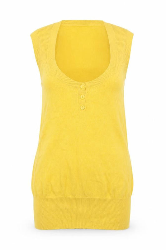 Front view of Miss Selfridge Women’s Yellow Henley Sleeveless Knit Jumper, size UK 10