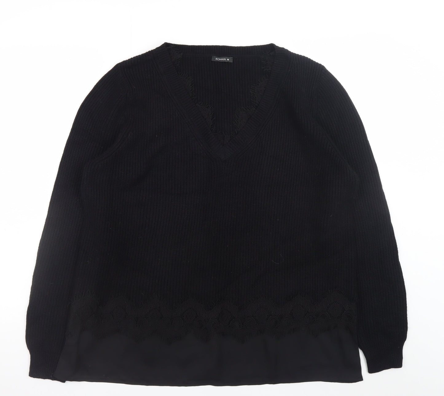 Roman Women’s Black V-Neck Long Sleeve Ribbed Pullover Jumper Size 16
