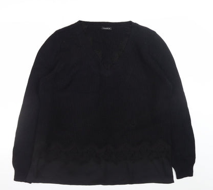 Roman Women’s Black V-Neck Long Sleeve Ribbed Pullover Jumper Size 16