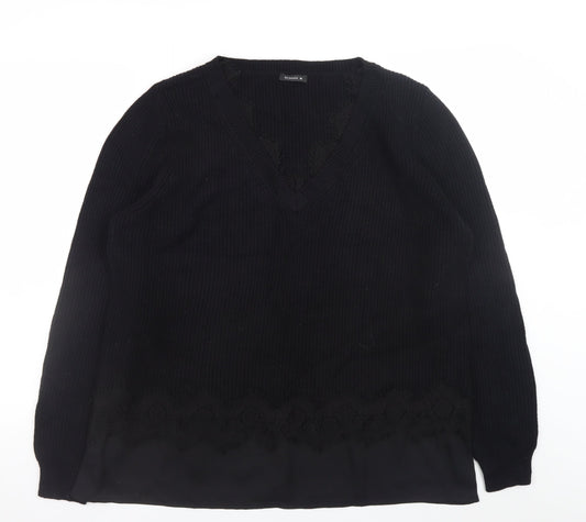 Roman Women’s Black V-Neck Long Sleeve Ribbed Pullover Jumper Size 16