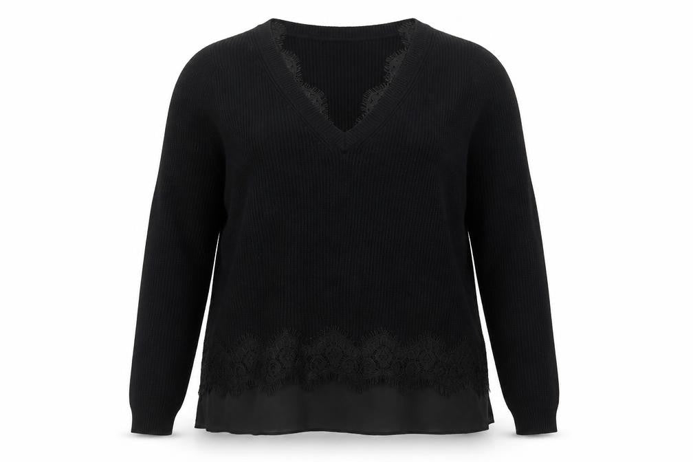 Front view of Roman Women’s Black V-Neck Long Sleeve Ribbed jumper, size UK 16