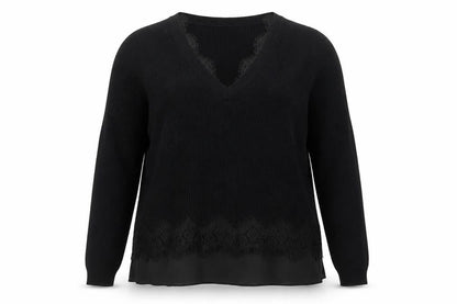 Front view of Roman Women’s Black V-Neck Long Sleeve Ribbed jumper, size UK 16