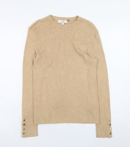 Marks and Spencer Women Beige Crew Neck Button Sleeve Jumper Size 14